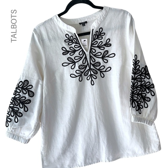 NWT | TALBOTS EMBROIDERED LINEN & COTTON WHITE TUNIC TOP | MEDIUM PETITE - Picture 1 of 10